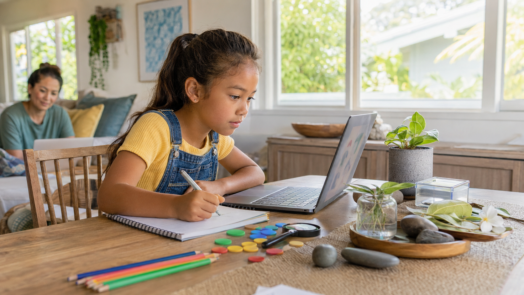 A student learning at home with a laptop, notebook, and hands-on materials